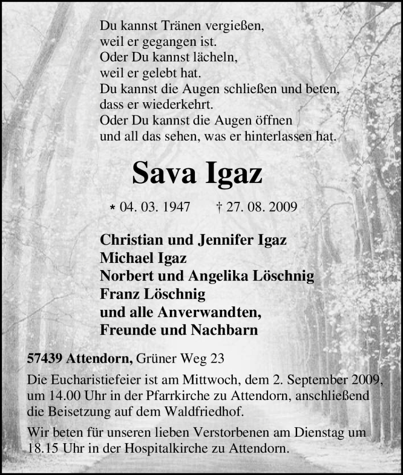  Traueranzeige für Sava Igaz vom 29.08.2009 aus Tageszeitung