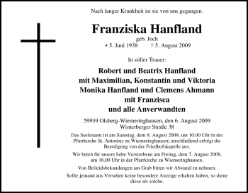 Traueranzeige von Franziska Hanfland von Tageszeitung