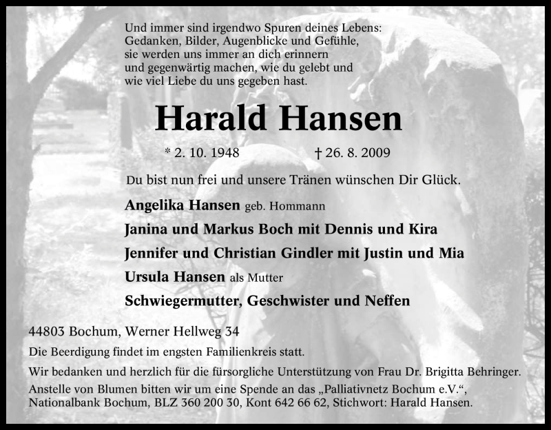  Traueranzeige für Harald Hansen vom 27.08.2009 aus Tageszeitung