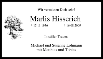 Traueranzeige von Marlis Hisserich von Tageszeitung