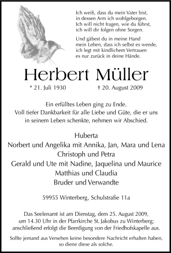 Traueranzeige von Herbert Müller von Tageszeitung