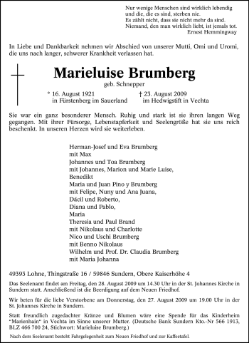 Traueranzeige von Marieluise Brumberg von Tageszeitung