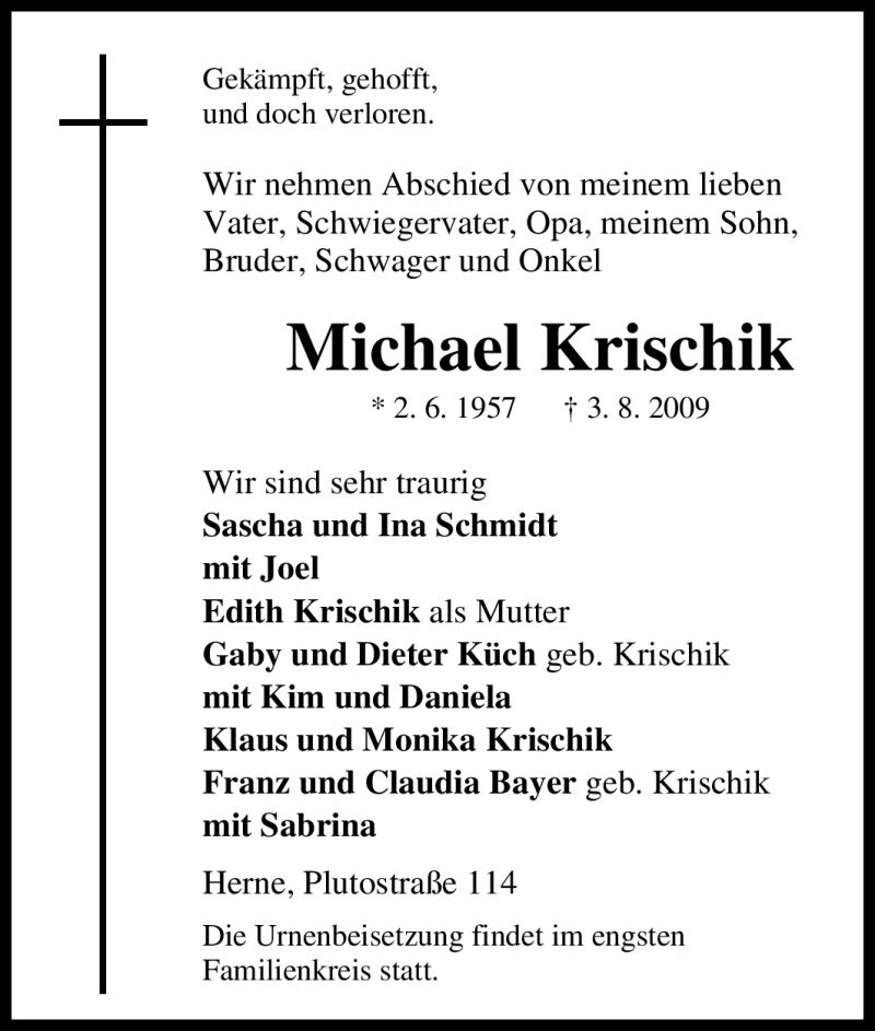 Traueranzeigen von Michael Krischik TrauerinNRW.de