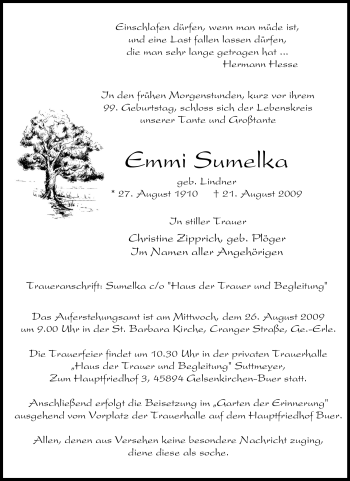 Traueranzeige von Emmi Sumelka von Tageszeitung