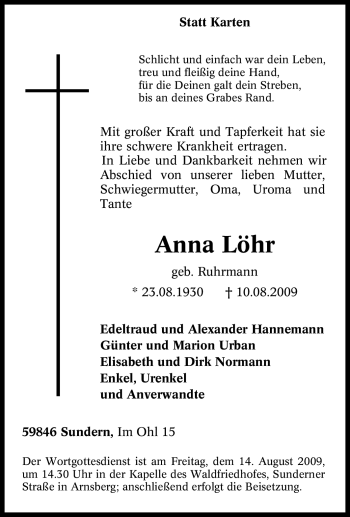 Traueranzeige von Anna Löhr von Tageszeitung