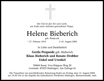 Traueranzeige von Helene Bieberich von Tageszeitung