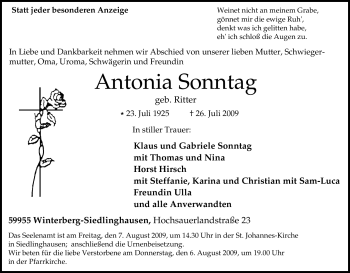Traueranzeige von Antonia Sonntag von Tageszeitung