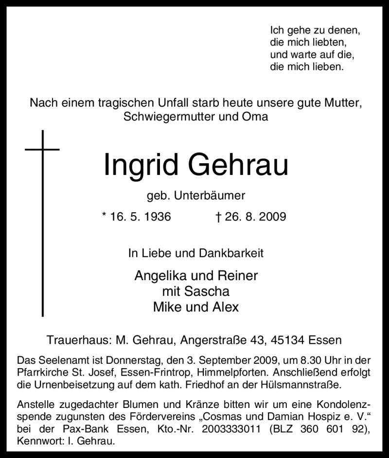  Traueranzeige für Ingrid Gehrau vom 29.08.2009 aus Tageszeitung