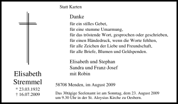 Traueranzeige von Elisabeth Stremmel von Tageszeitung