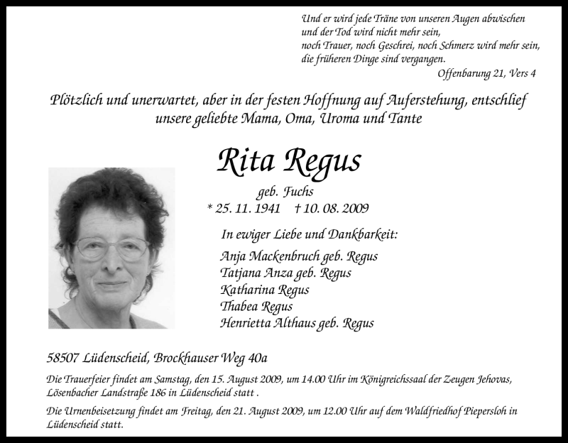  Traueranzeige für Rita Regus vom 13.08.2009 aus Tageszeitung