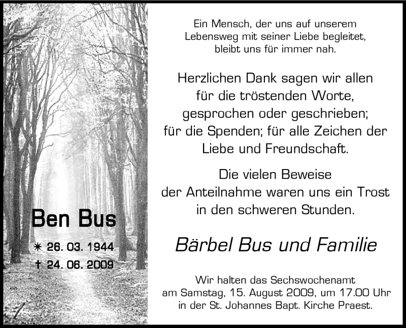  Traueranzeige für Ben Bus vom 11.08.2009 aus Tageszeitung
