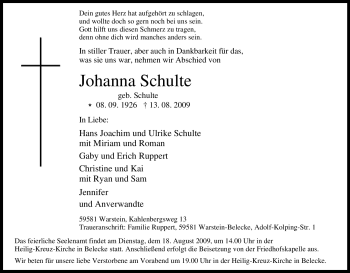 Traueranzeige von Johanna Schulte von Tageszeitung