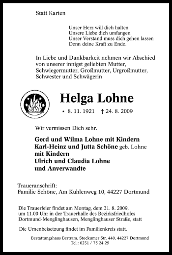 Traueranzeige von Helga Lohne von Tageszeitung