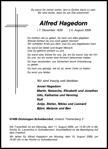 Traueranzeige von Alfred Hagedorn von Tageszeitung