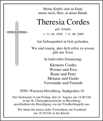 Traueranzeige von Theresia Cordes von Tageszeitung