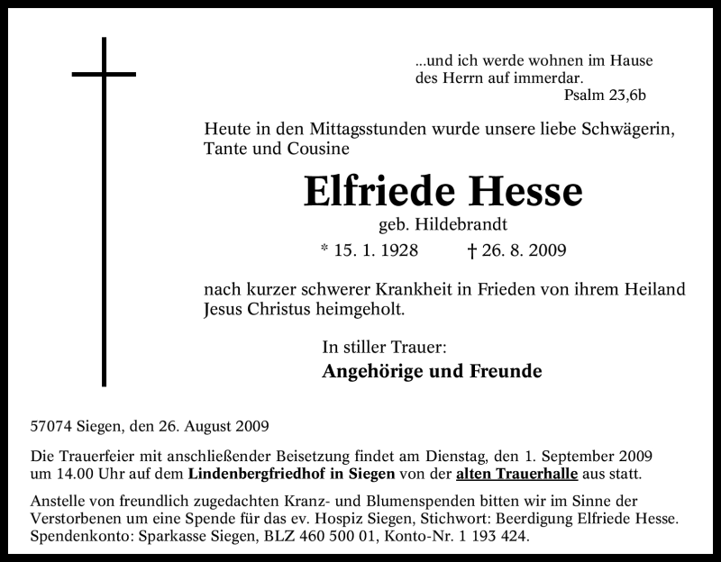  Traueranzeige für Elfriede Hesse vom 29.08.2009 aus Tageszeitung