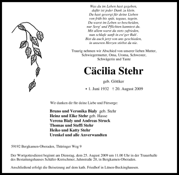 Traueranzeige von Cäcilia Stehr von Tageszeitung