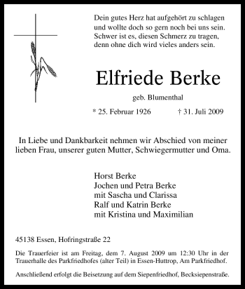 Traueranzeige von Elfriede Berke von Tageszeitung