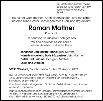 Traueranzeige von Roman Mattner von Tageszeitung