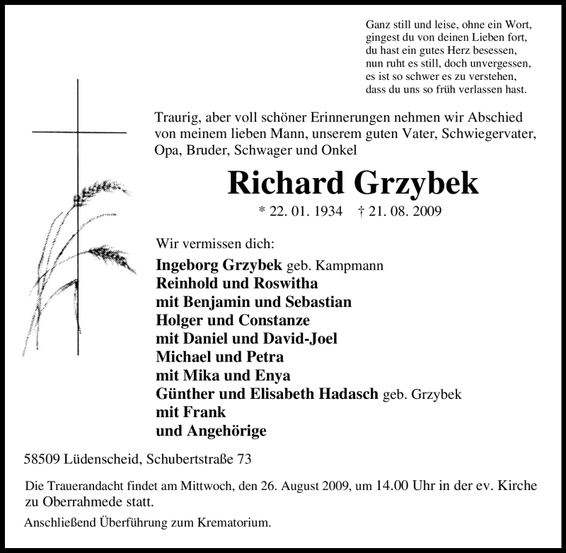  Traueranzeige für Richard Grzybek vom 22.08.2009 aus Tageszeitung
