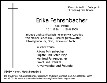 Traueranzeige von Erika Fehrenbacher von Tageszeitung