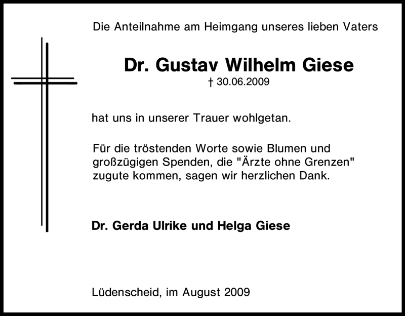  Traueranzeige für Gustav Wilhelm Giese vom 15.08.2009 aus Tageszeitung
