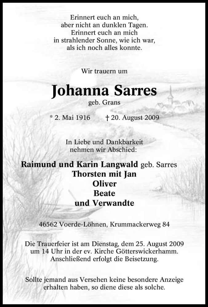  Traueranzeige für Johanna Sarres vom 22.08.2009 aus Tageszeitung