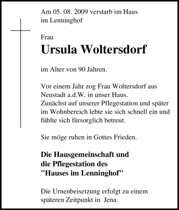 Traueranzeige von Ursula Woltersdorf von Tageszeitung
