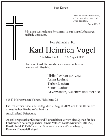 Traueranzeige von Karl Heinrich Vogel von Tageszeitung