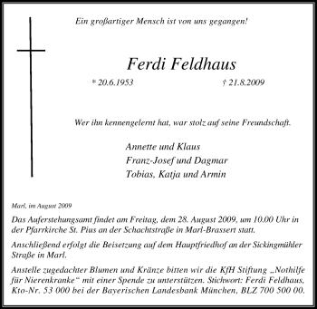 Traueranzeige von Ferdi Feldhaus von Tageszeitung