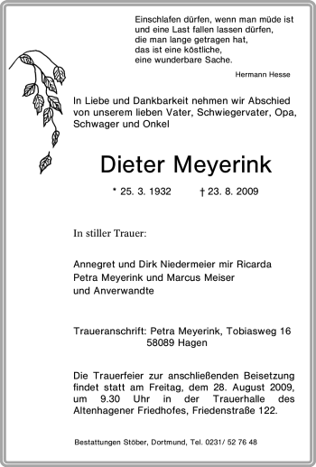 Traueranzeige von Dieter Meyerink von Tageszeitung