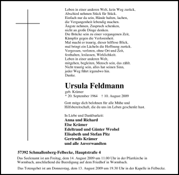Traueranzeige von Ursula Feldmann von Tageszeitung
