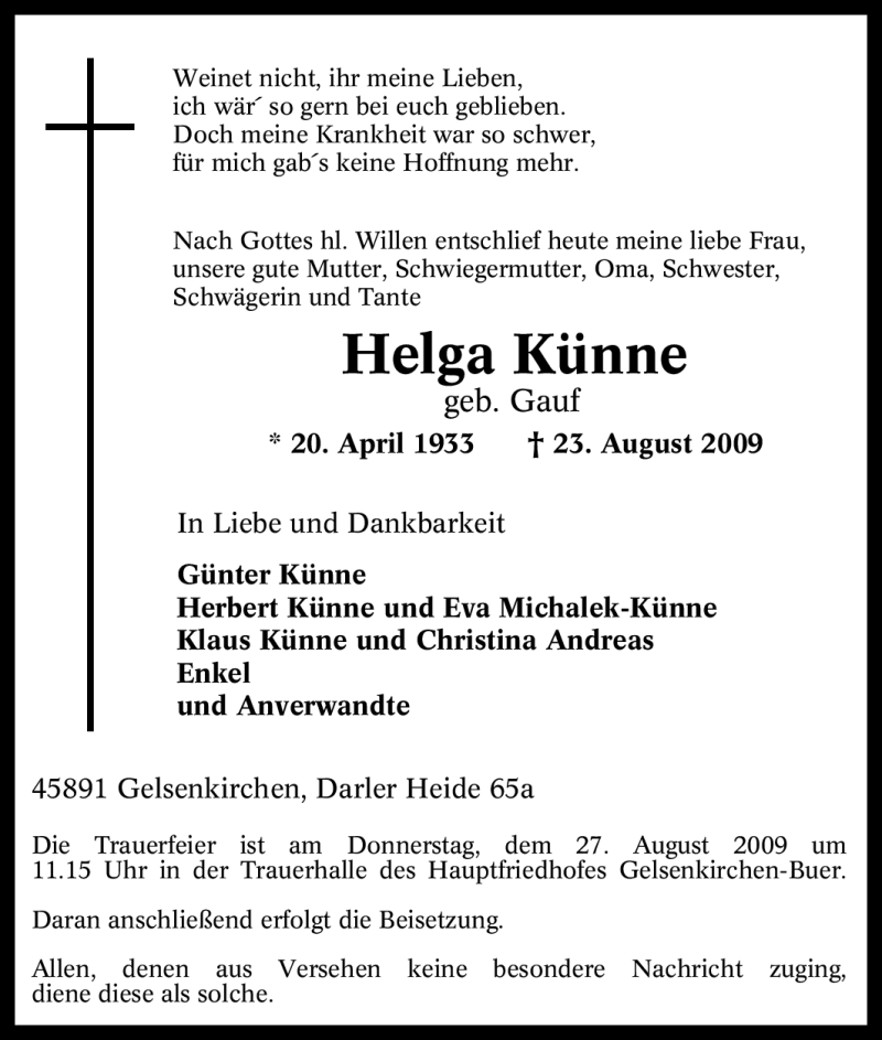  Traueranzeige für Helga Künne vom 25.08.2009 aus Tageszeitung