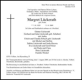 Traueranzeige von Margret Lückerath von Tageszeitung