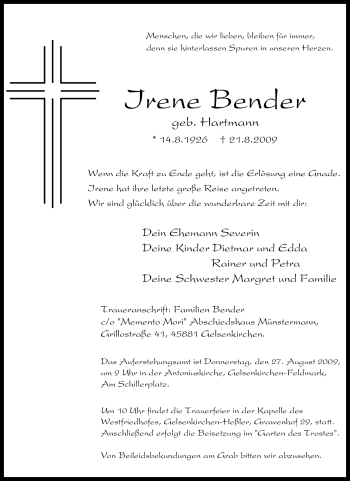 Traueranzeige von Irene Bender von Tageszeitung
