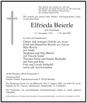 Traueranzeige von Elfrieda Beierle von Tageszeitung