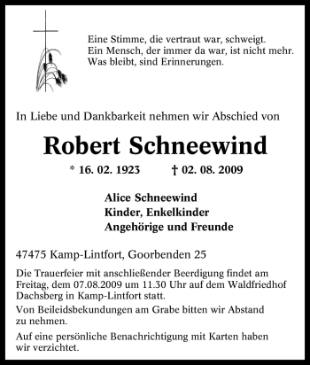 Traueranzeige von Robert Schneewind von Tageszeitung