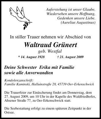 Traueranzeige von Waltraud Grünert von Tageszeitung