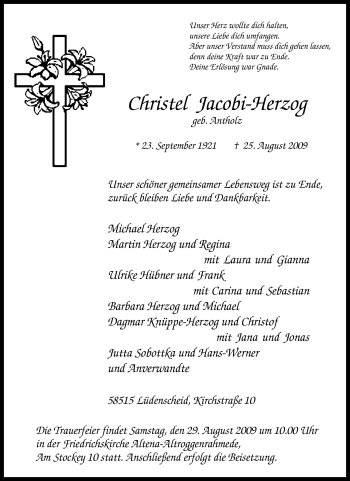 Traueranzeige von Christel Jacobi-Herzog von Tageszeitung