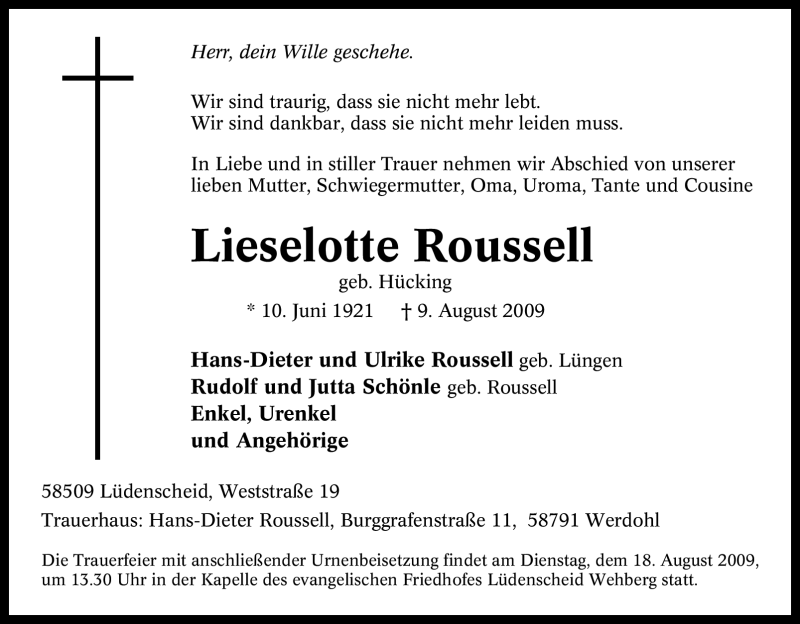  Traueranzeige für Lieselotte Roussell vom 14.08.2009 aus Tageszeitung