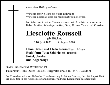 Traueranzeige von Lieselotte Roussell von Tageszeitung