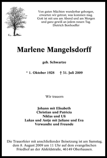 Traueranzeige von Marlene Mangelsdorff von Tageszeitung