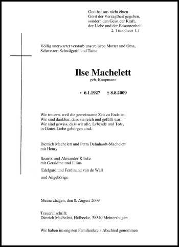 Traueranzeige von Ilse Machelett von Tageszeitung