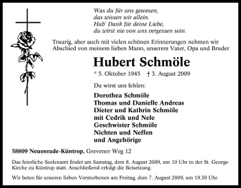 Traueranzeige von Hubert Schmöle von Tageszeitung