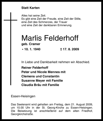 Traueranzeige von Marlis Felderhoff von Tageszeitung