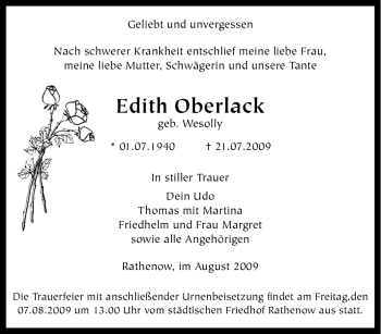 Traueranzeige von Edith Oberlack von Tageszeitung