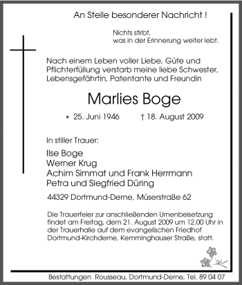 Traueranzeige von Marlies Boge von Tageszeitung