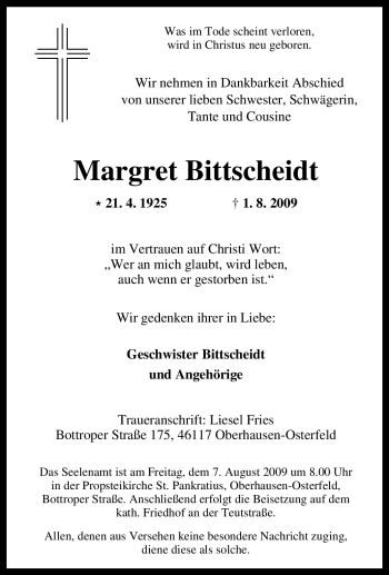 Traueranzeige von Margret Bittscheidt von Tageszeitung