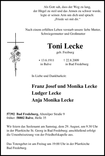 Traueranzeige von Toni Lecke von Tageszeitung