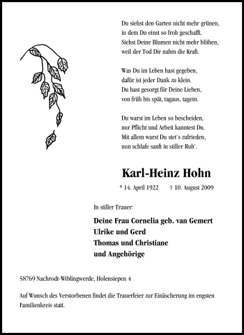Traueranzeige von Karl-Heinz Hohn von Tageszeitung